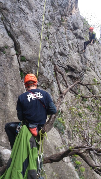 Jurica belaying in pitch 1. session. Photo: L. Mudronja